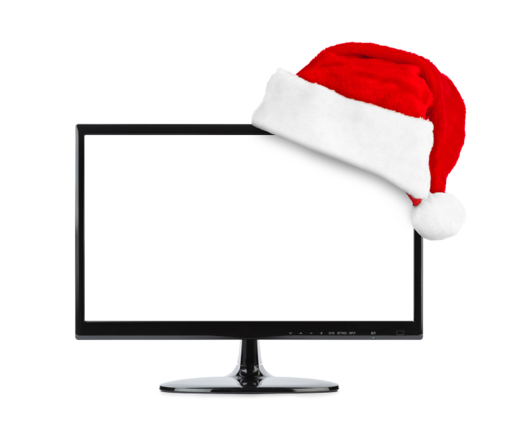 TV and Santa Claus red christmas hat isolated on white background