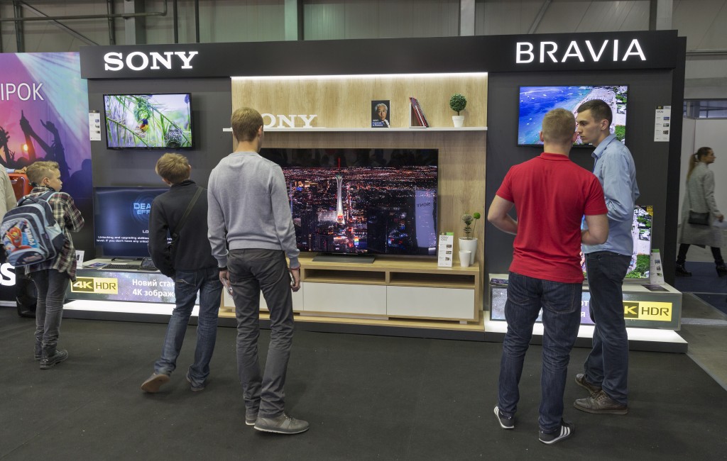 Kiev, Ukraine - October 9, 2016: Unrecognized people visit Sony Bravia, electronics manufacturer company booth during CEE 2016.